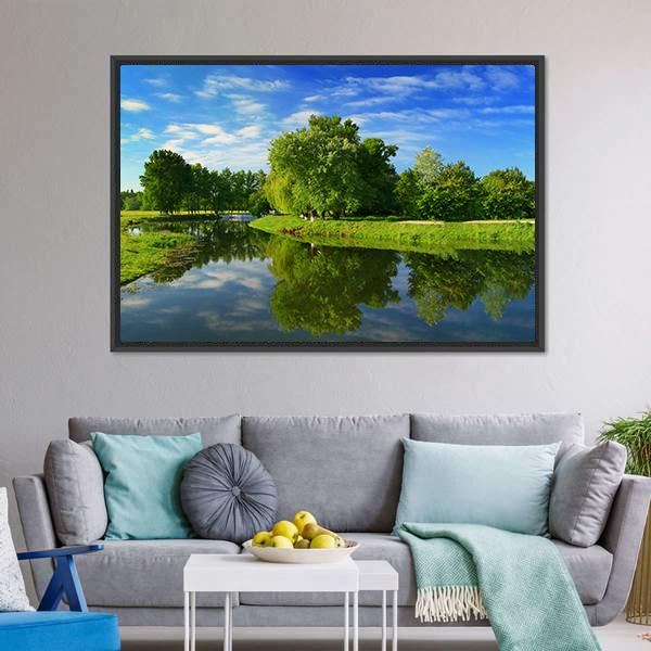 Green Fields With Lake Canvas Wall Art-3 Horizontal-Gallery Wrap-25" x 16"-Tiaracle