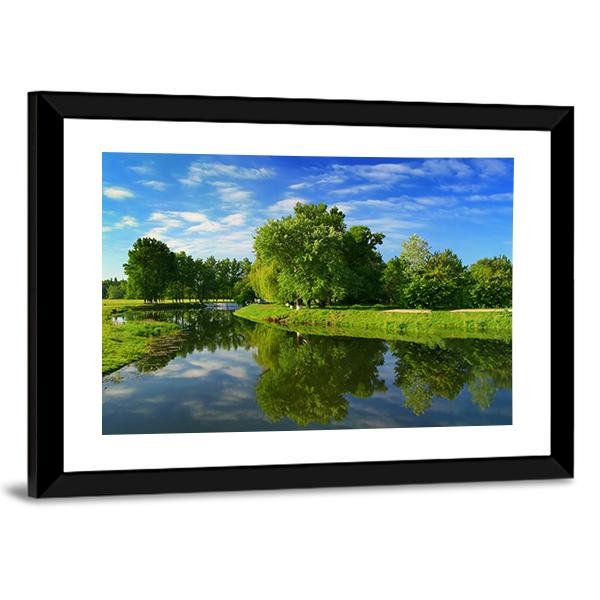 Green Fields With Lake Canvas Wall Art-3 Horizontal-Gallery Wrap-25" x 16"-Tiaracle