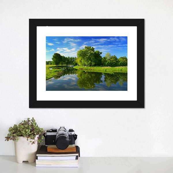 Green Fields With Lake Canvas Wall Art-1 Piece-Framed Print-20" x 16"-Tiaracle