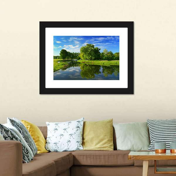 Green Fields With Lake Canvas Wall Art-3 Horizontal-Gallery Wrap-25" x 16"-Tiaracle
