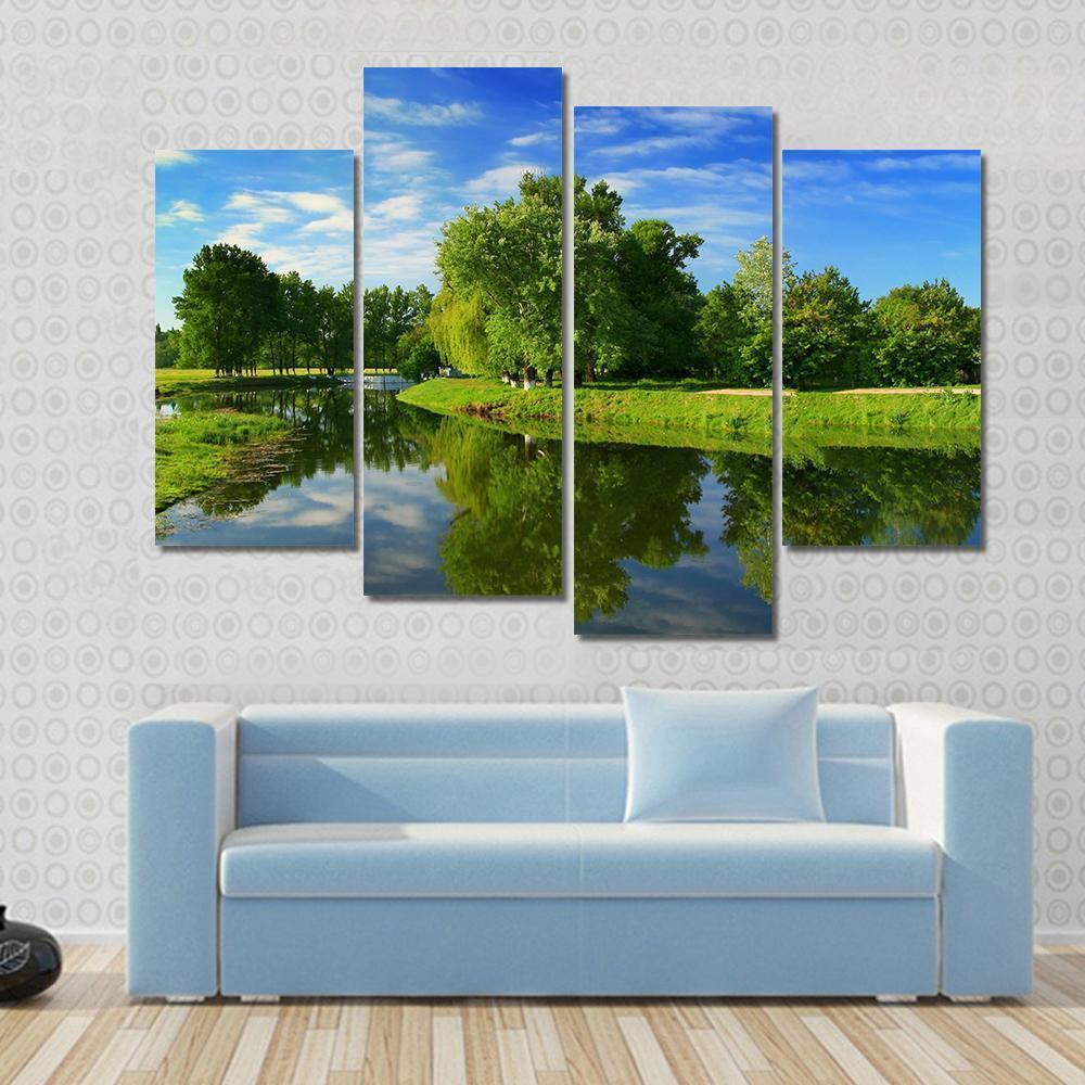 Green Fields With Lake Canvas Wall Art-4 Pop-Gallery Wrap-50" x 32"-Tiaracle