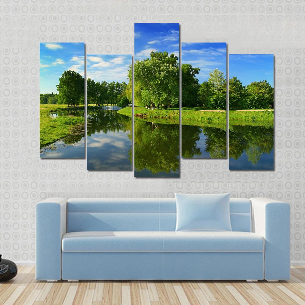 Green Fields With Lake Canvas Wall Art-5 Pop-Gallery Wrap-47" x 32"-Tiaracle
