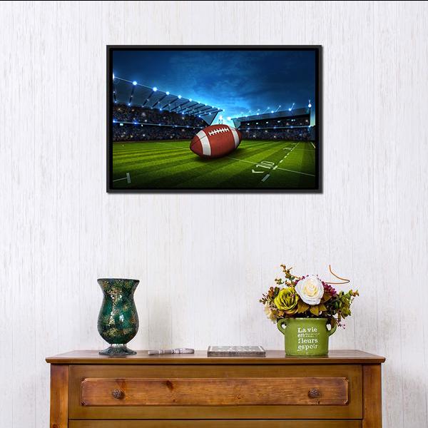 Green Football Stadium Canvas Wall Art in brown, green and blue, framed canvas, product view on a white background