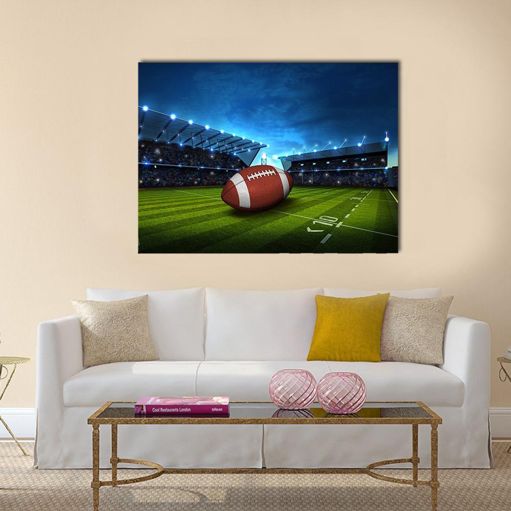 Green Football Stadium Canvas Wall Art in brown, green and blue, single panel hung on a wall