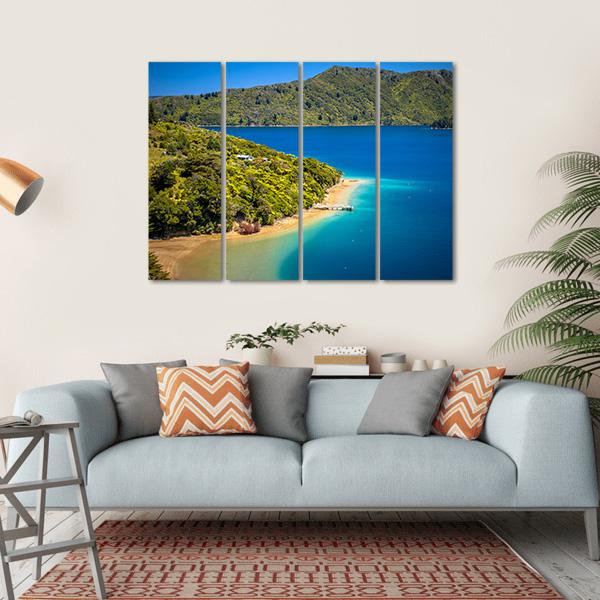 Green Forest & Blue Water Canvas Wall Art-4 Horizontal-Gallery Wrap-34" x 24"-Tiaracle