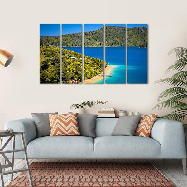 Green Forest &amp; Blue Water Canvas Wall Art-5 Horizontal-Gallery Wrap-22" x 12"-Tiaracle