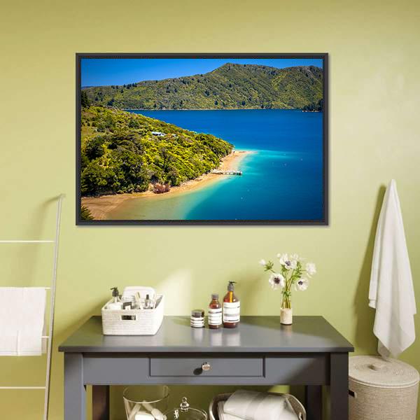 Green Forest & Blue Water Canvas Wall Art-1 Piece-Floating Frame-24" x 16"-Tiaracle