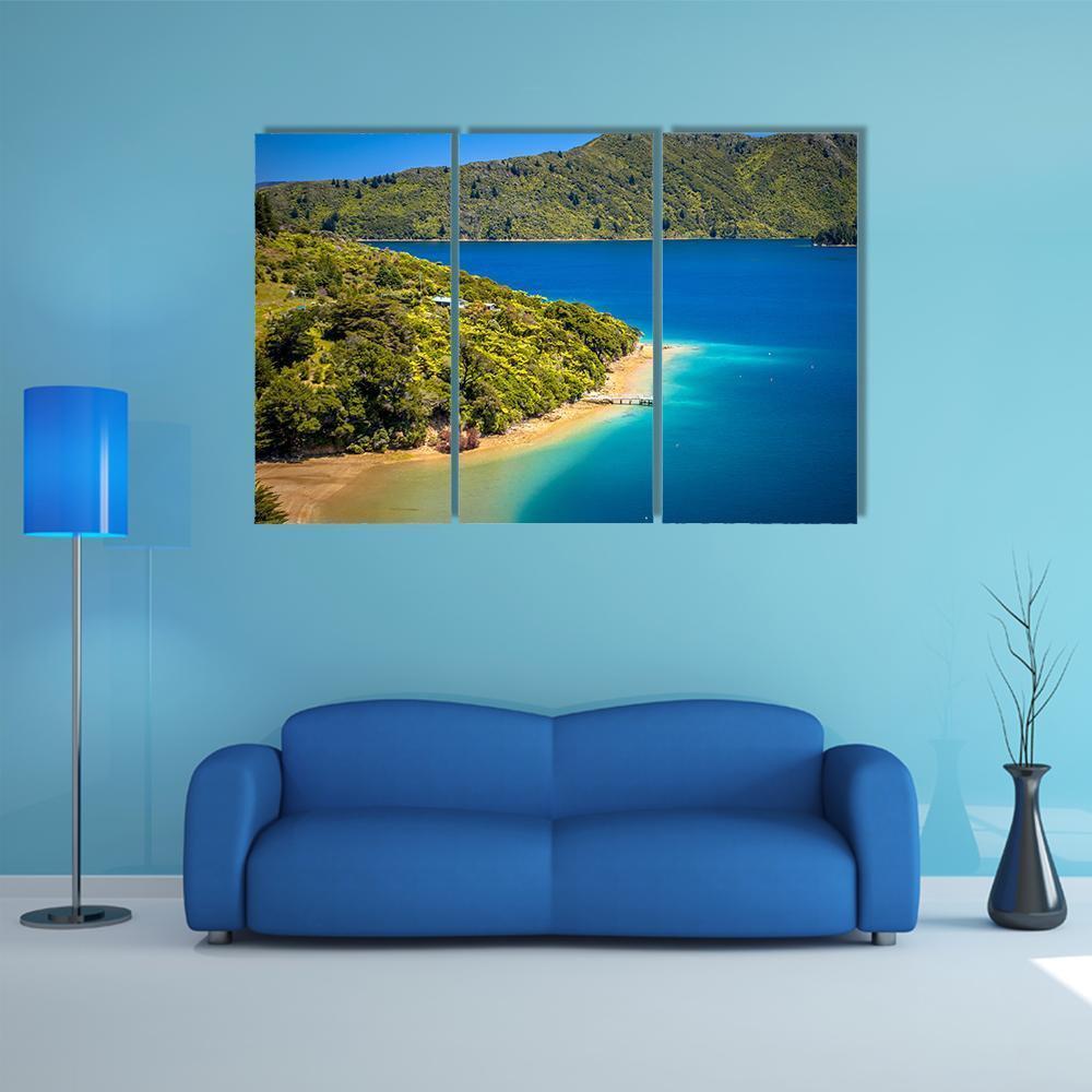 Green Forest &amp; Blue Water Canvas Wall Art-3 Horizontal-Gallery Wrap-37" x 24"-Tiaracle