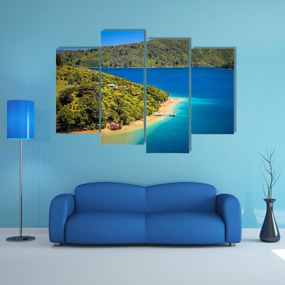 Green Forest & Blue Water Canvas Wall Art-4 Pop-Gallery Wrap-50" x 32"-Tiaracle