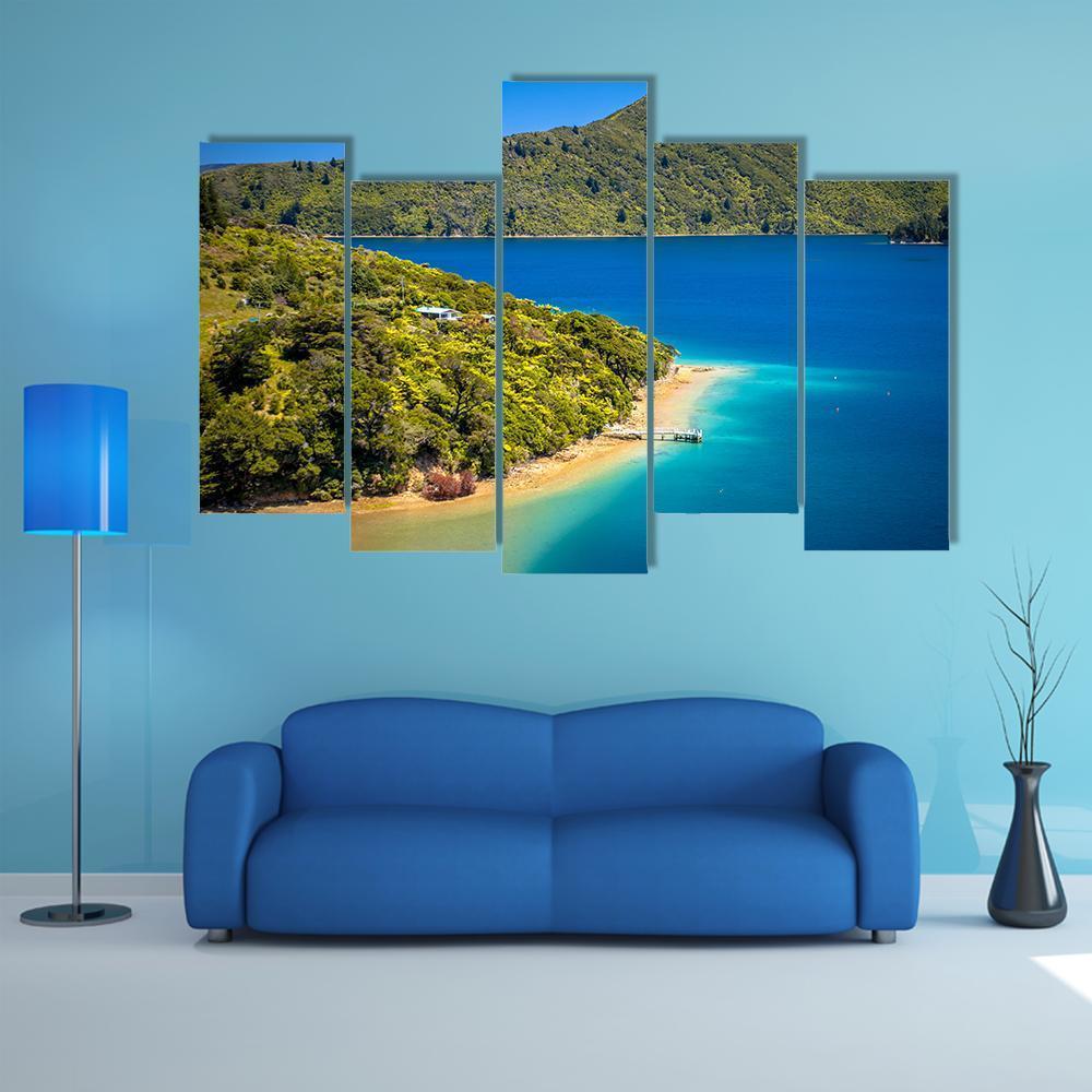 Green Forest & Blue Water Canvas Wall Art-5 Pop-Gallery Wrap-47" x 32"-Tiaracle