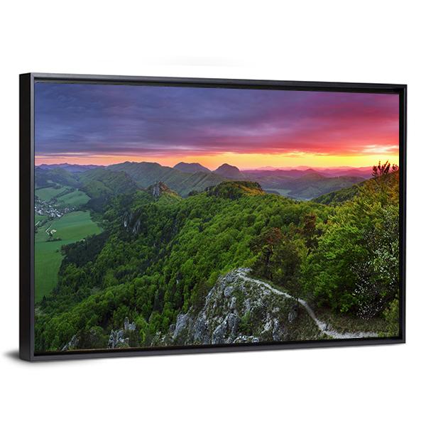Green Forest Mountain With Sunset Canvas Wall Art-3 Horizontal-Gallery Wrap-25" x 16"-Tiaracle