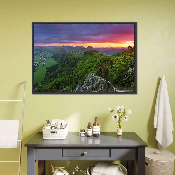 Green Forest Mountain With Sunset Canvas Wall Art-1 Piece-Floating Frame-24" x 16"-Tiaracle