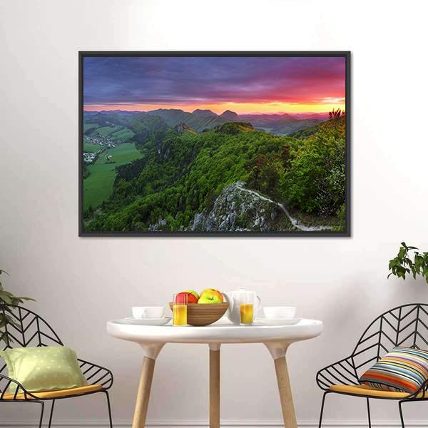 Green Forest Mountain With Sunset Canvas Wall Art-3 Horizontal-Gallery Wrap-25" x 16"-Tiaracle