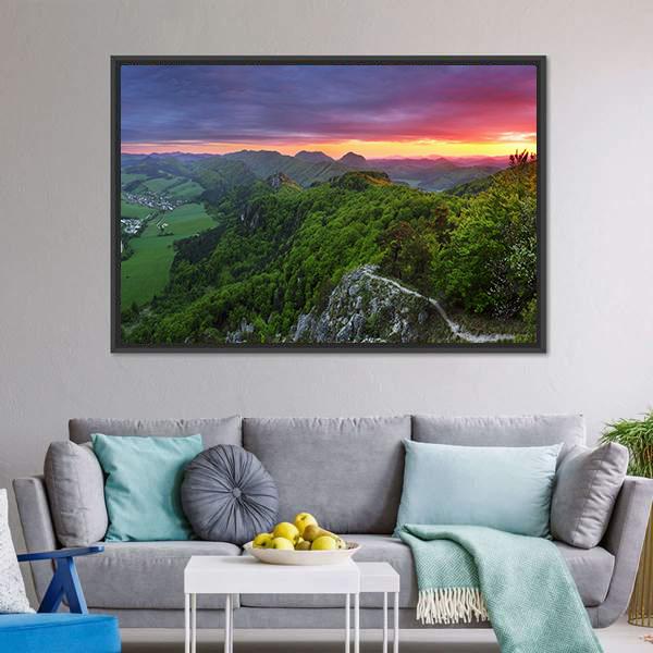 Green Forest Mountain With Sunset Canvas Wall Art-3 Horizontal-Gallery Wrap-25" x 16"-Tiaracle