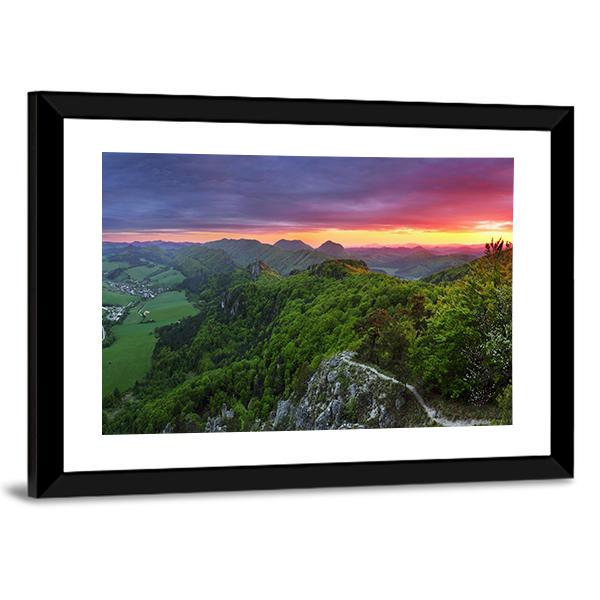 Green Forest Mountain With Sunset Canvas Wall Art-3 Horizontal-Gallery Wrap-25" x 16"-Tiaracle