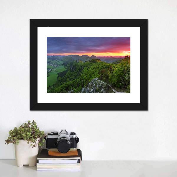 Green Forest Mountain With Sunset Canvas Wall Art-1 Piece-Framed Print-20" x 16"-Tiaracle