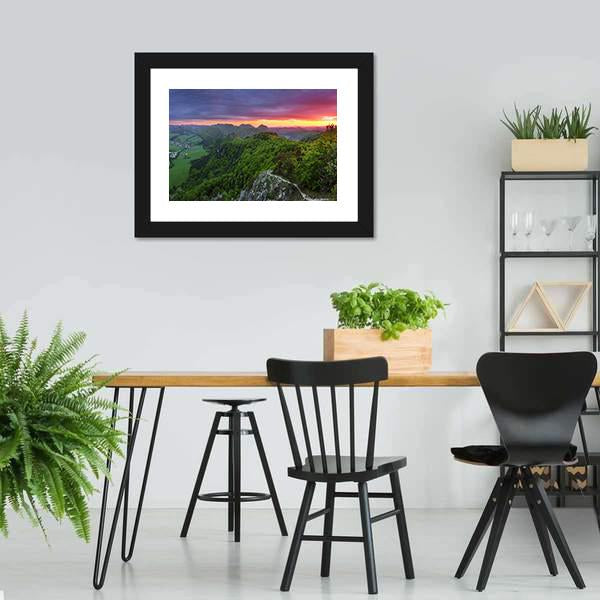 Green Forest Mountain With Sunset Canvas Wall Art-3 Horizontal-Gallery Wrap-25" x 16"-Tiaracle