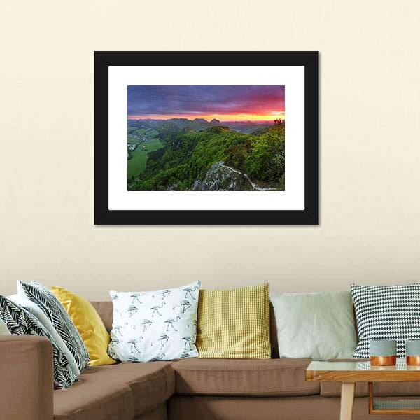 Green Forest Mountain With Sunset Canvas Wall Art-3 Horizontal-Gallery Wrap-25" x 16"-Tiaracle