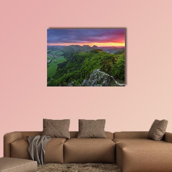 Green Forest Mountain With Sunset Canvas Wall Art-1 Piece-Gallery Wrap-48" x 32"-Tiaracle