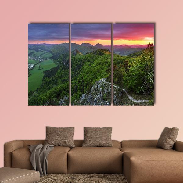Green Forest Mountain With Sunset Canvas Wall Art-3 Horizontal-Gallery Wrap-37" x 24"-Tiaracle