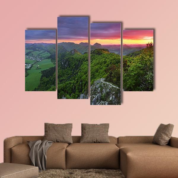 Green Forest Mountain With Sunset Canvas Wall Art-5 Pop-Gallery Wrap-47" x 32"-Tiaracle