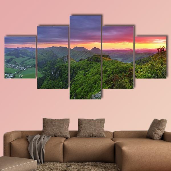 Green Forest Mountain With Sunset Canvas Wall Art-5 Star-Gallery Wrap-62" x 32"-Tiaracle