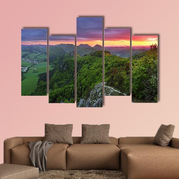 Green Forest Mountain With Sunset Canvas Wall Art-3 Horizontal-Gallery Wrap-25" x 16"-Tiaracle