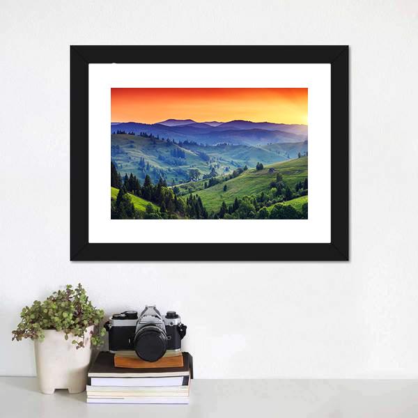 Green Hilly Valley Canvas Wall Art in orange, green and blue, framed print, product view on a white background