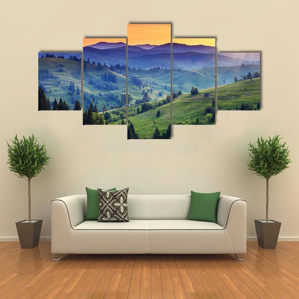 Green Hilly Valley Canvas Wall Art-5 Star-Gallery Wrap-62" x 32"-Tiaracle