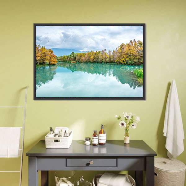 Green Lake With Reflection Of Trees Canvas Wall Art-1 Piece-Floating Frame-24" x 16"-Tiaracle