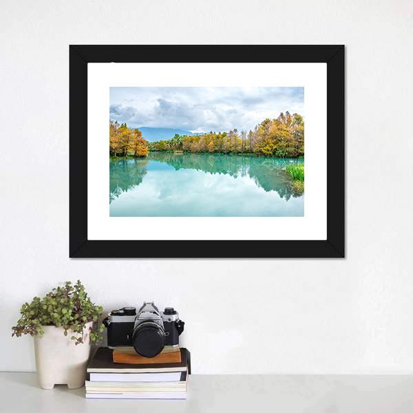 Green Lake With Reflection Of Trees Canvas Wall Art-1 Piece-Framed Print-20" x 16"-Tiaracle