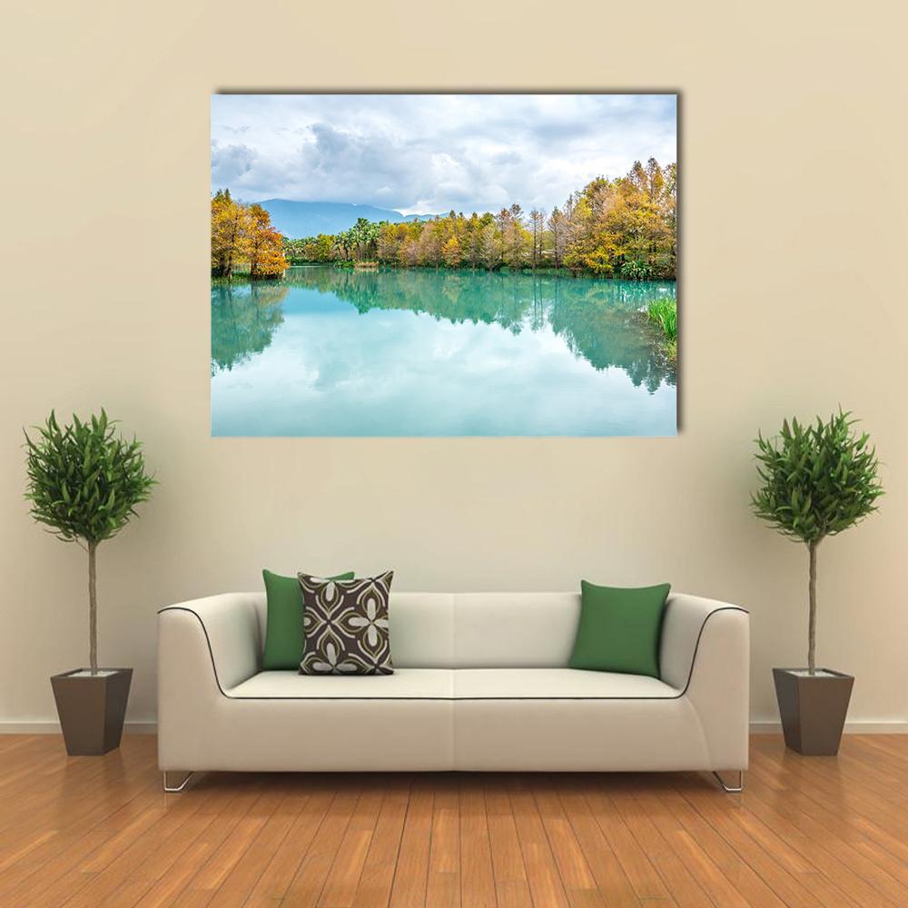 Green Lake With Reflection Of Trees Canvas Wall Art-1 Piece-Gallery Wrap-48" x 32"-Tiaracle