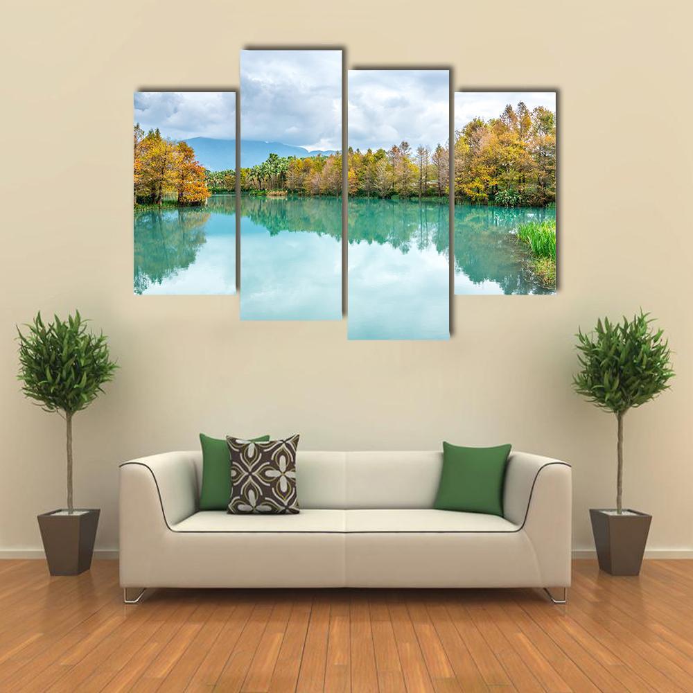 Green Lake With Reflection Of Trees Canvas Wall Art-4 Pop-Gallery Wrap-50" x 32"-Tiaracle