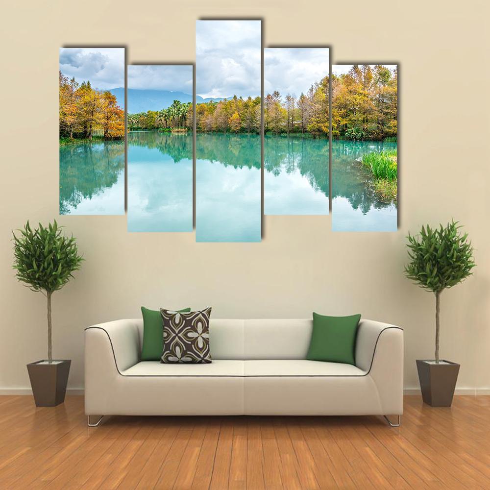 Green Lake With Reflection Of Trees Canvas Wall Art-5 Pop-Gallery Wrap-47" x 32"-Tiaracle