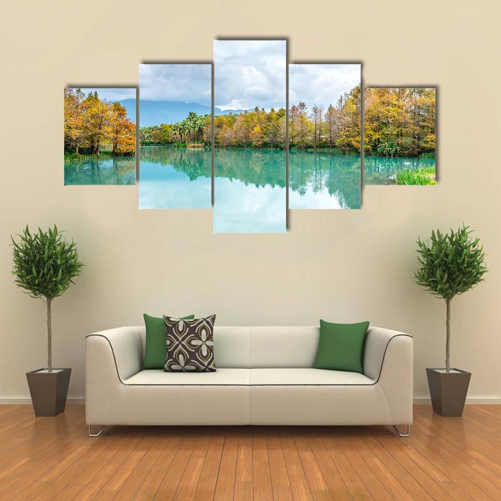 Green Lake With Reflection Of Trees Canvas Wall Art-5 Star-Gallery Wrap-62" x 32"-Tiaracle