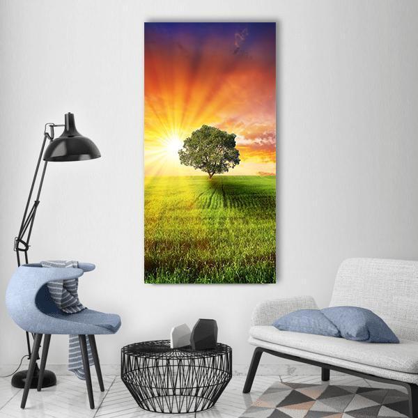 Alone Tree On Green Meadow Vertical Canvas Wall Art-3 Vertical-Gallery Wrap-12" x 25"-Tiaracle