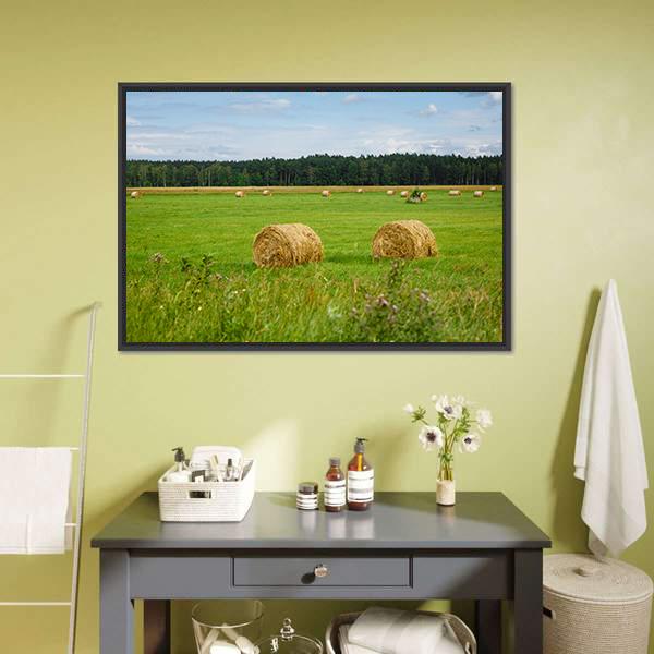 Green Meadow With Hay Rolls Canvas Wall Art-1 Piece-Floating Frame-24" x 16"-Tiaracle