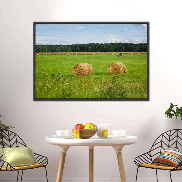 Green Meadow With Hay Rolls Canvas Wall Art-3 Horizontal-Gallery Wrap-25" x 16"-Tiaracle