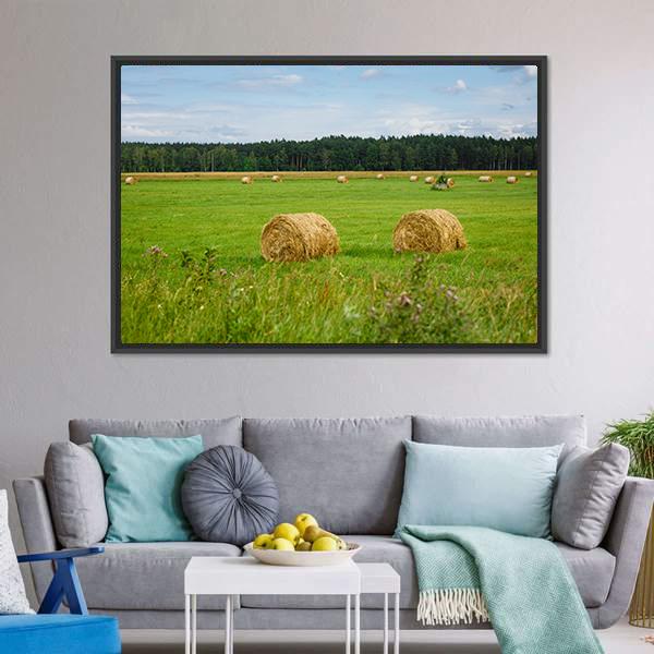 Green Meadow With Hay Rolls Canvas Wall Art-3 Horizontal-Gallery Wrap-25" x 16"-Tiaracle