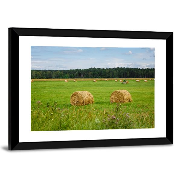 Green Meadow With Hay Rolls Canvas Wall Art-3 Horizontal-Gallery Wrap-25" x 16"-Tiaracle