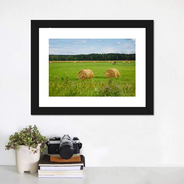 Green Meadow With Hay Rolls Canvas Wall Art-1 Piece-Framed Print-20" x 16"-Tiaracle