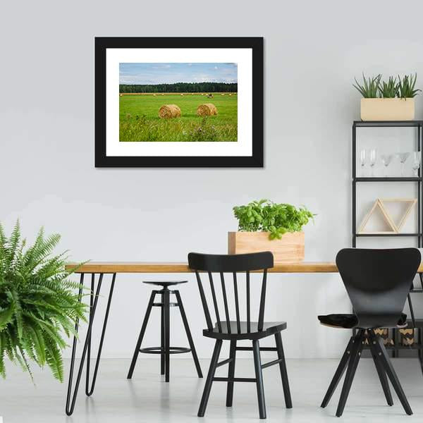 Green Meadow With Hay Rolls Canvas Wall Art-3 Horizontal-Gallery Wrap-25" x 16"-Tiaracle