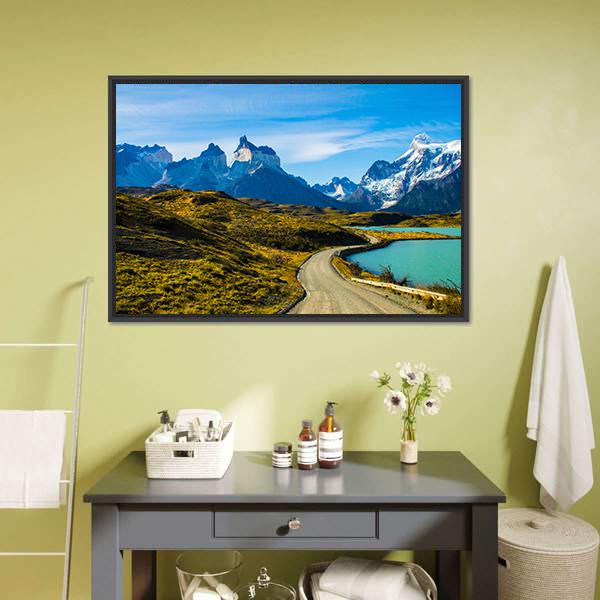 Green Mountain Near Snow Covered Mountain Canvas Wall Art-1 Piece-Floating Frame-24" x 16"-Tiaracle
