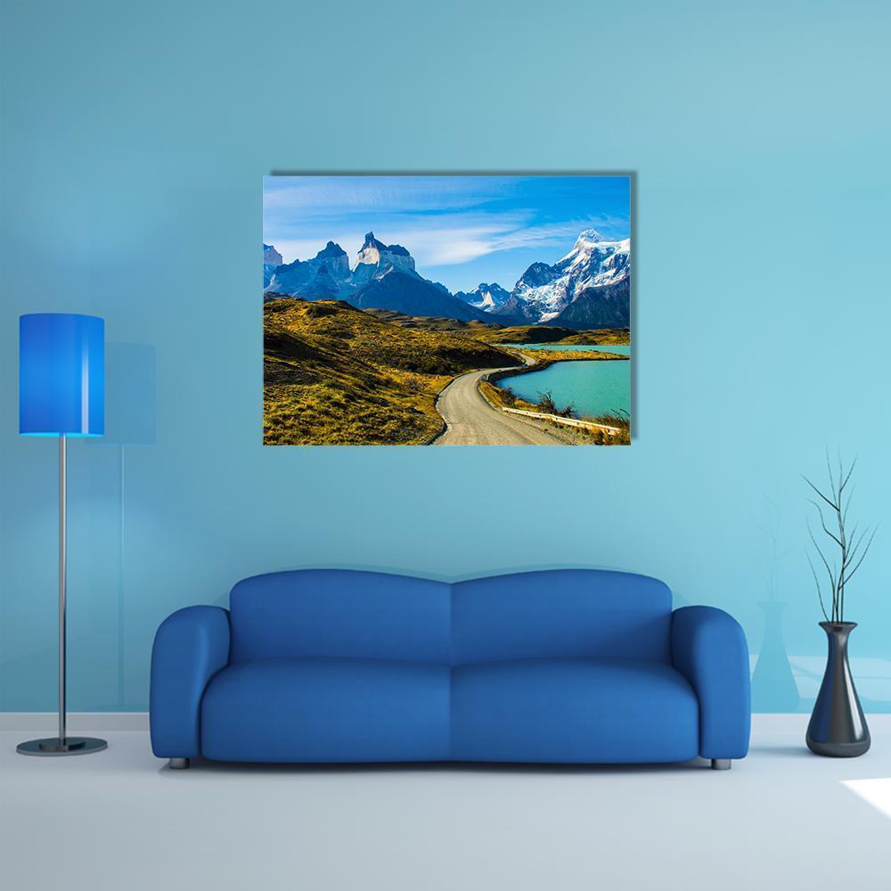 Green Mountain, Turquoise Lake, Snow-capped Peak Canvas Wall Art in brown, green and blue, single panel hung on a wall