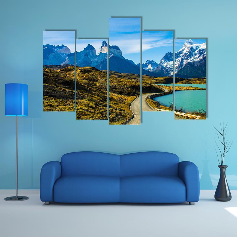 Green Mountain Near Snow Covered Mountain Canvas Wall Art-5 Pop-Gallery Wrap-47" x 32"-Tiaracle