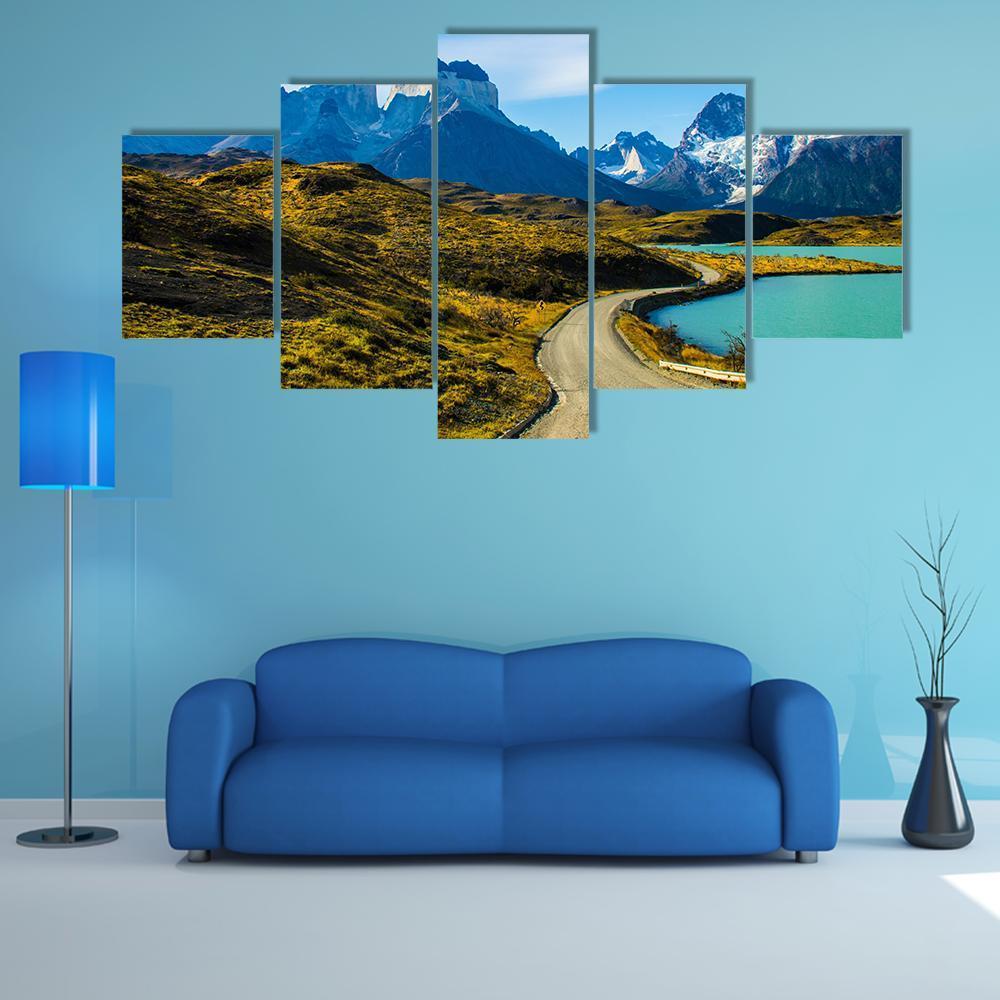 Green Mountain Near Snow Covered Mountain Canvas Wall Art-5 Star-Gallery Wrap-62" x 32"-Tiaracle