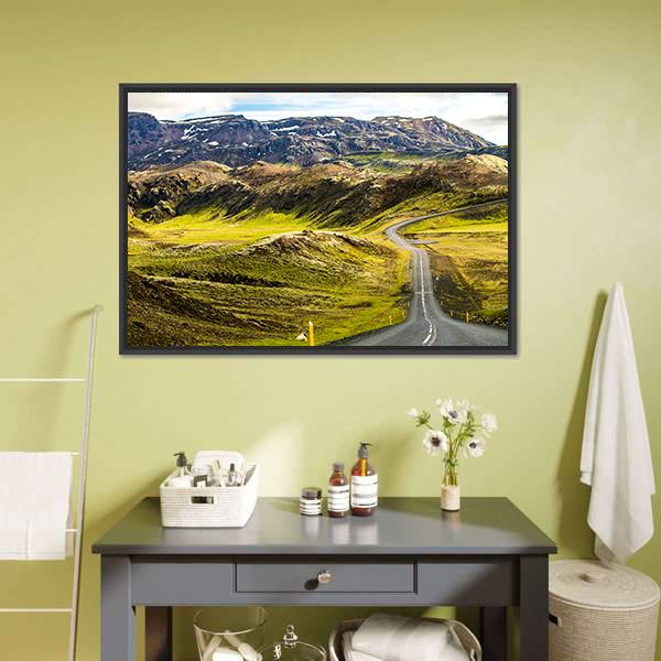Green Mountain Road Canvas Wall Art in gray, brown and green, framed canvas, product view on a white background