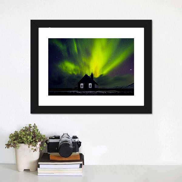 Green Northern Light Over Church Canvas Wall Art-1 Piece-Framed Print-20" x 16"-Tiaracle