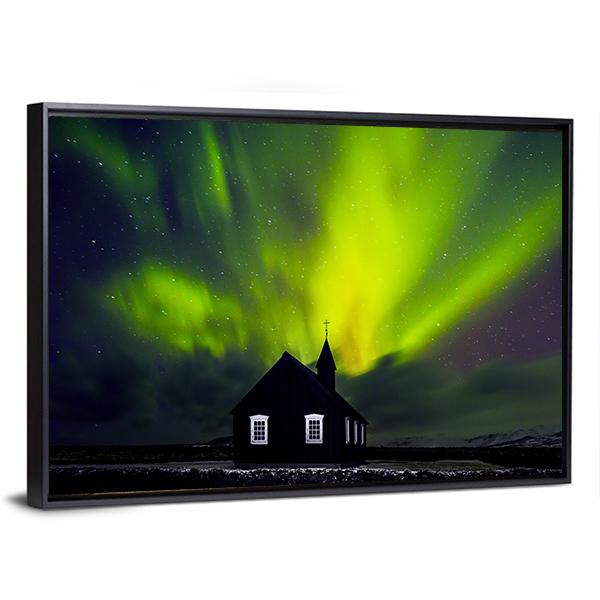 Green Northern Light Over Church Canvas Wall Art-3 Horizontal-Gallery Wrap-25" x 16"-Tiaracle
