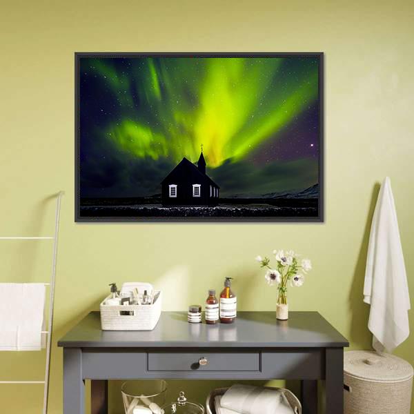 Green Northern Light Over Church Canvas Wall Art-1 Piece-Floating Frame-24" x 16"-Tiaracle